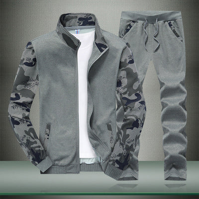 Men's Stand Collar Sports Sweater with Casual Camouflage Sleeves Suit