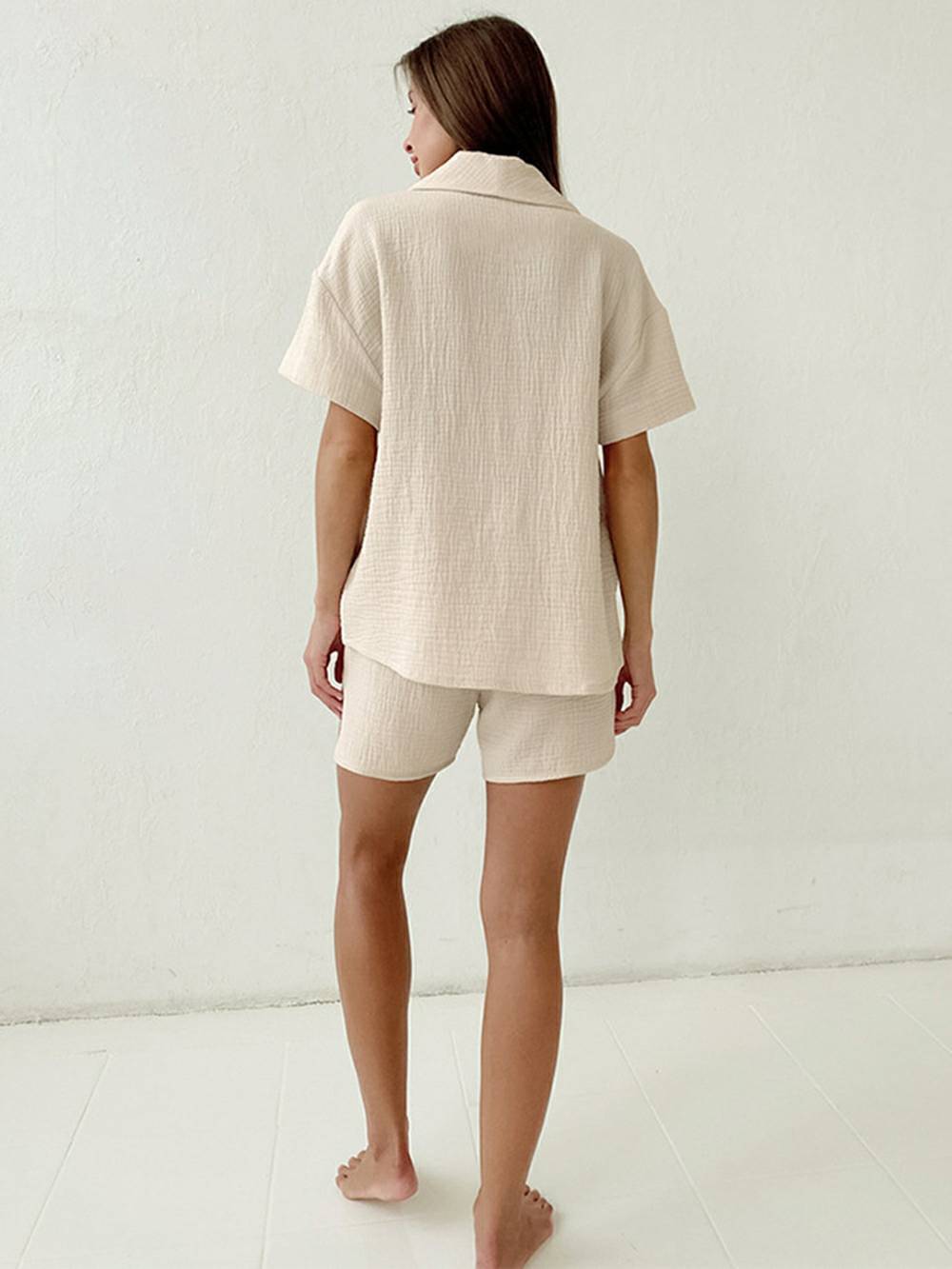 Apricot Cotton Shorts Set Turn Collar