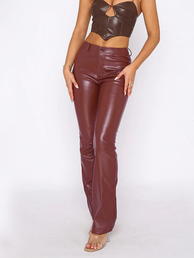 High Elastic Pu Leather Straight Pants