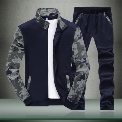 Men's Stand Collar Sports Sweater with Casual Camouflage Sleeves Suit