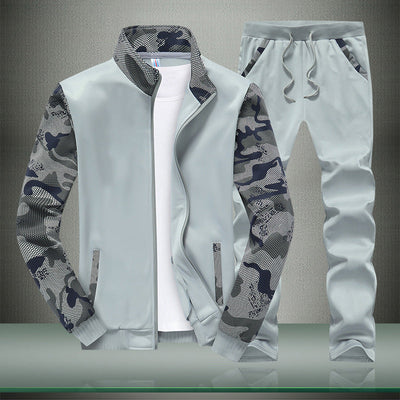 Men's Stand Collar Sports Sweater with Casual Camouflage Sleeves Suit