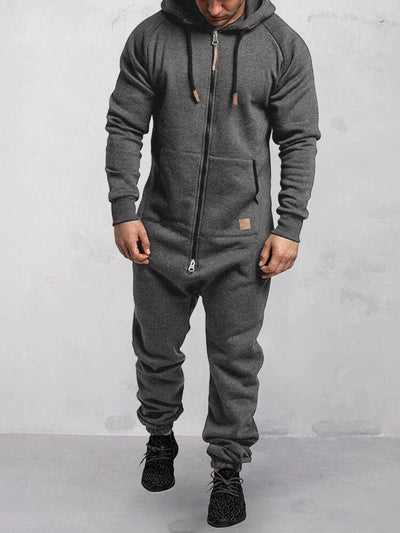 Hooded Fleece Solid Color Jumpsuit