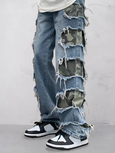 Stylish Camo Patch Ripped Jeans