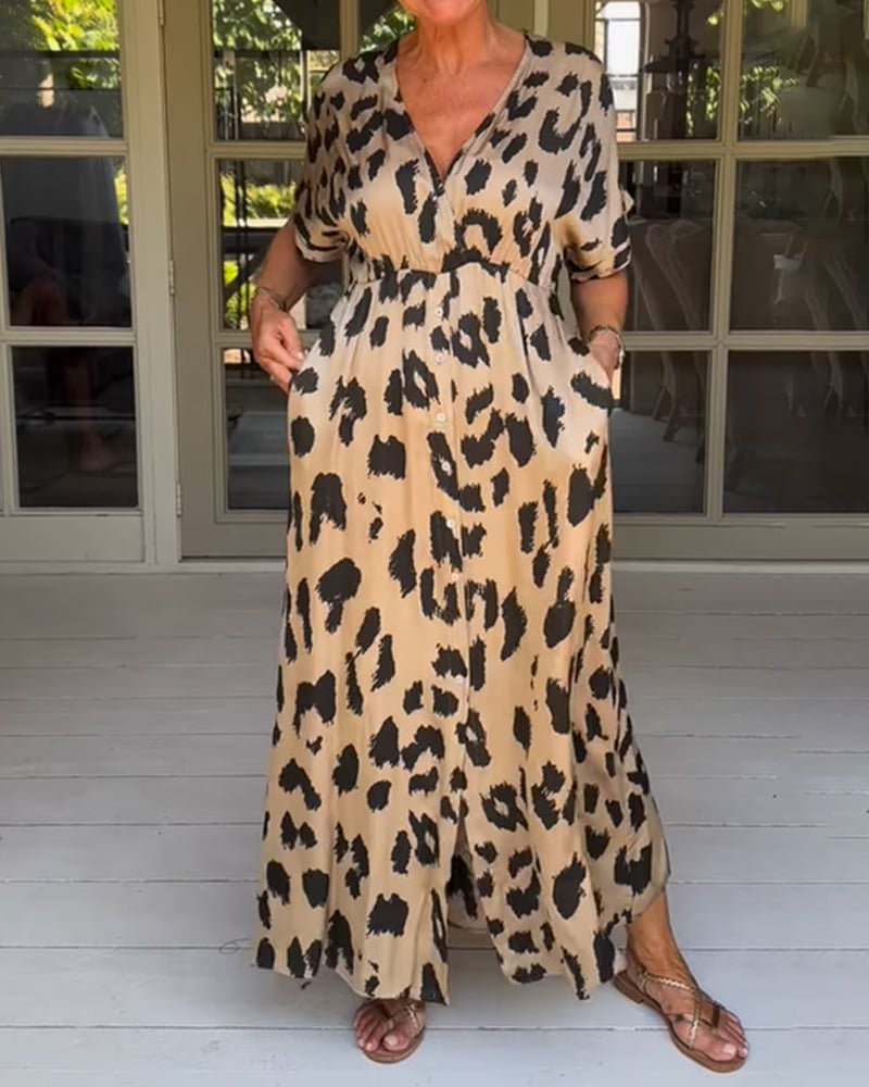 Justine | Loose Leopard V-Neck Maxi Dress