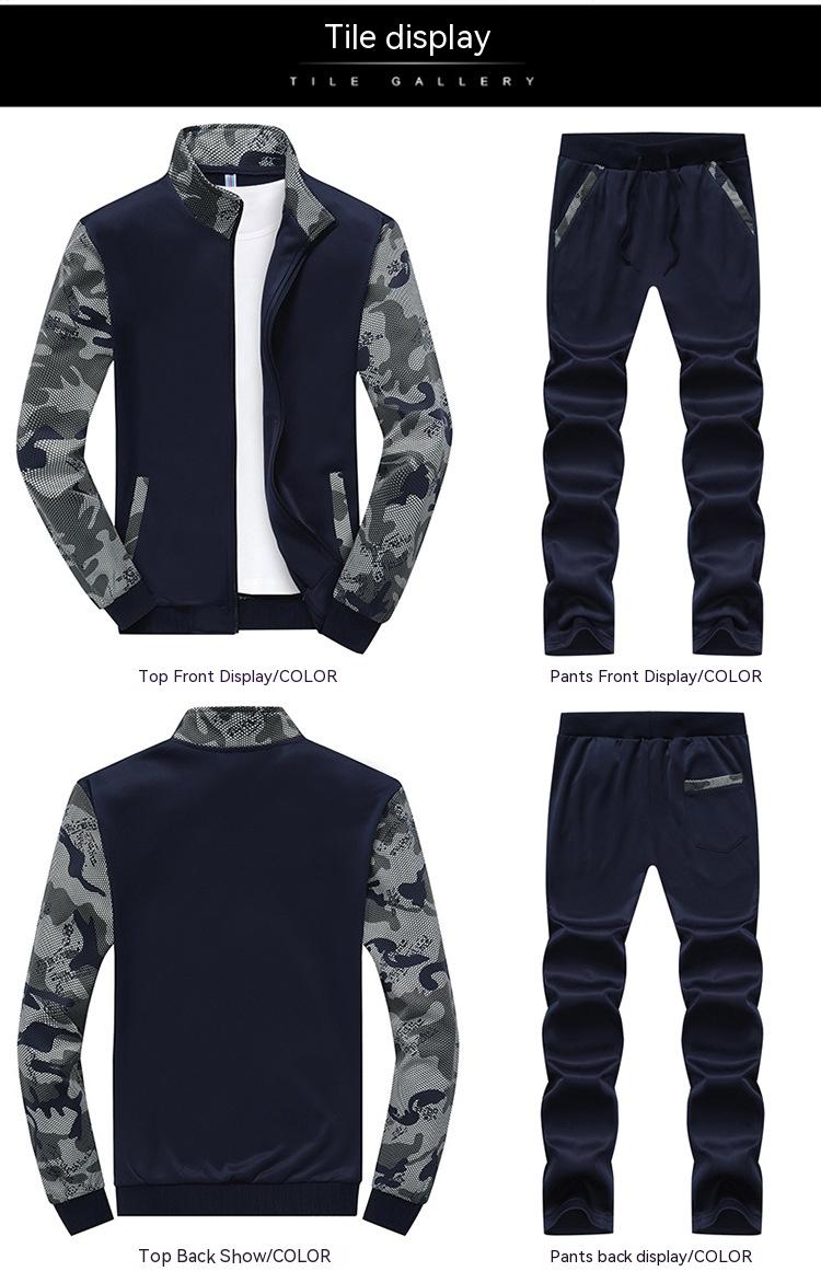 Men's Stand Collar Sports Sweater with Casual Camouflage Sleeves Suit