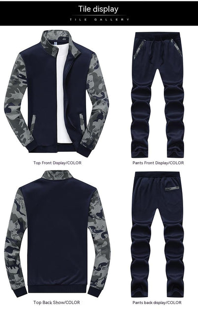 Men's Stand Collar Sports Sweater with Casual Camouflage Sleeves Suit