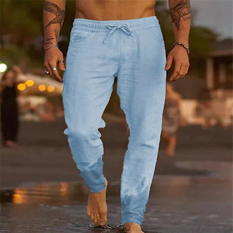 Men's Solid Color Cotton Linen Loose Beach Casual Pants